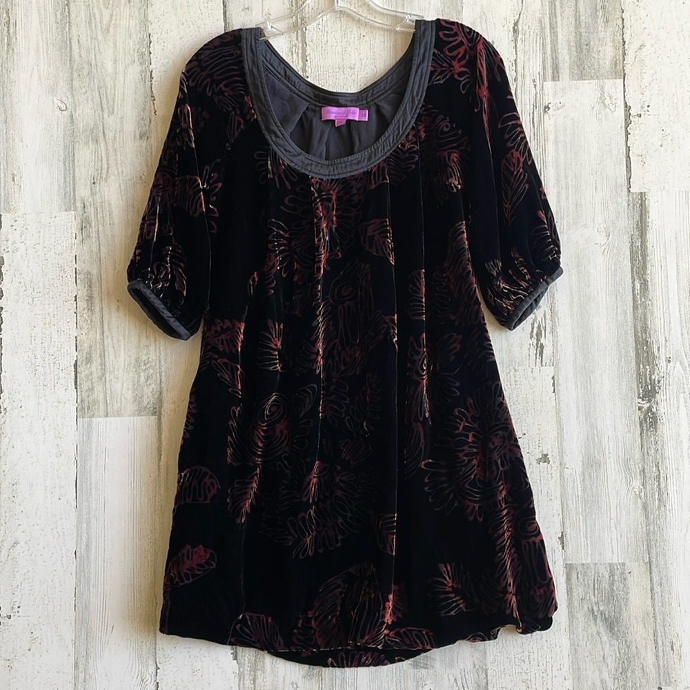 Calypso dress Christian Celle SZ XS velour black maroon floral midi pockets EUC